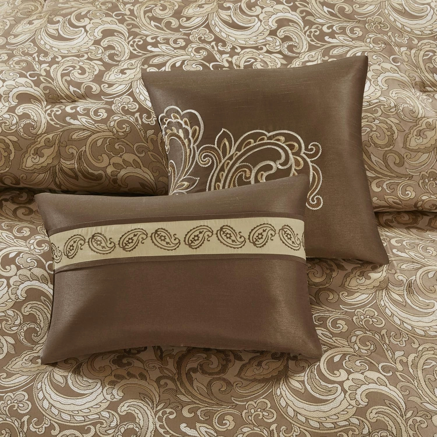 Madison Park Essentials Brystol 24 Piece Room in a Bag Faux Silk Comforter Jacquard Paisley Design Matching Curtains Down Alternative Hypoallergenic All Season Bedding-Set, King(104"x92"), Brown
