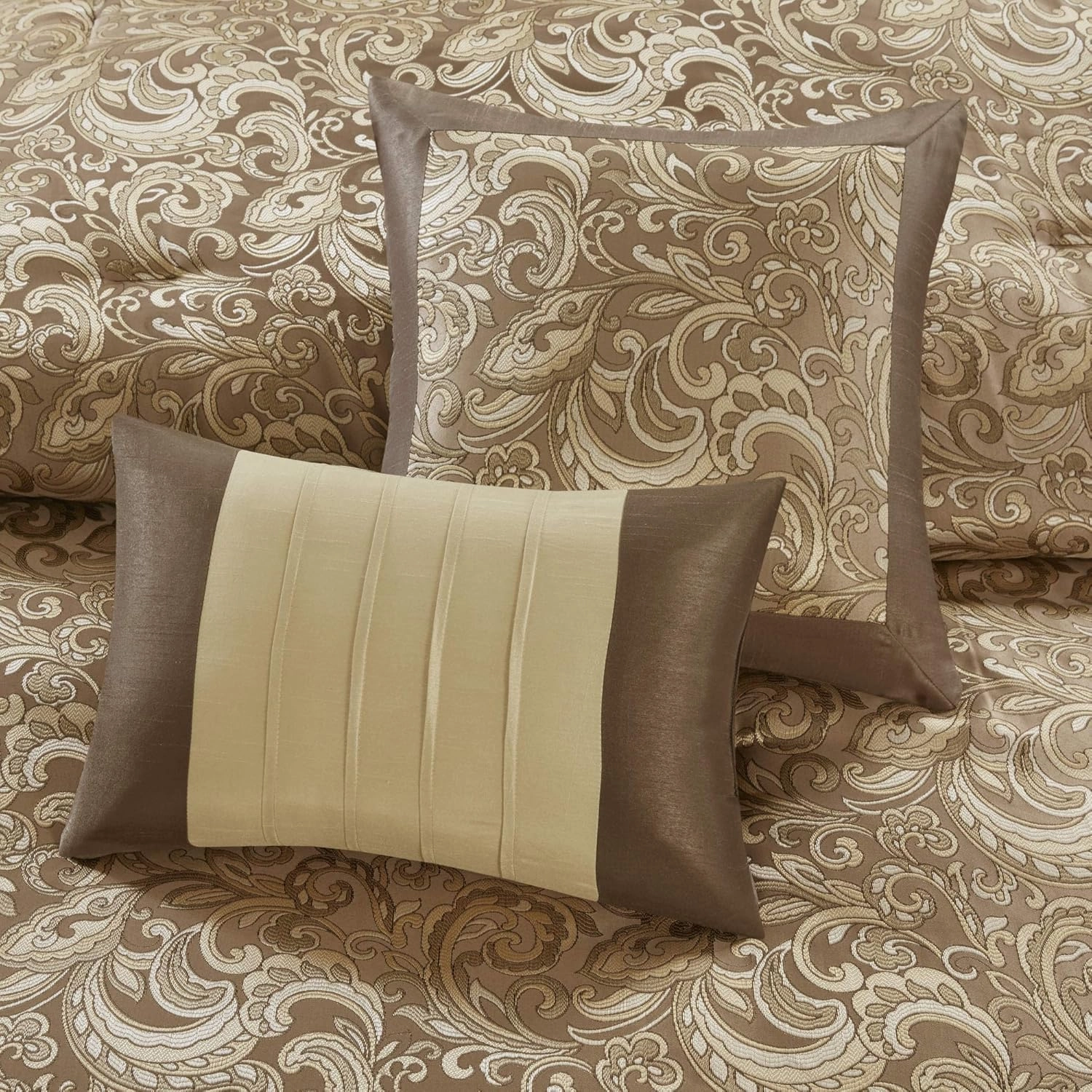 Madison Park Essentials Brystol 24 Piece Room in a Bag Faux Silk Comforter Jacquard Paisley Design Matching Curtains Down Alternative Hypoallergenic All Season Bedding-Set, King(104"x92"), Brown