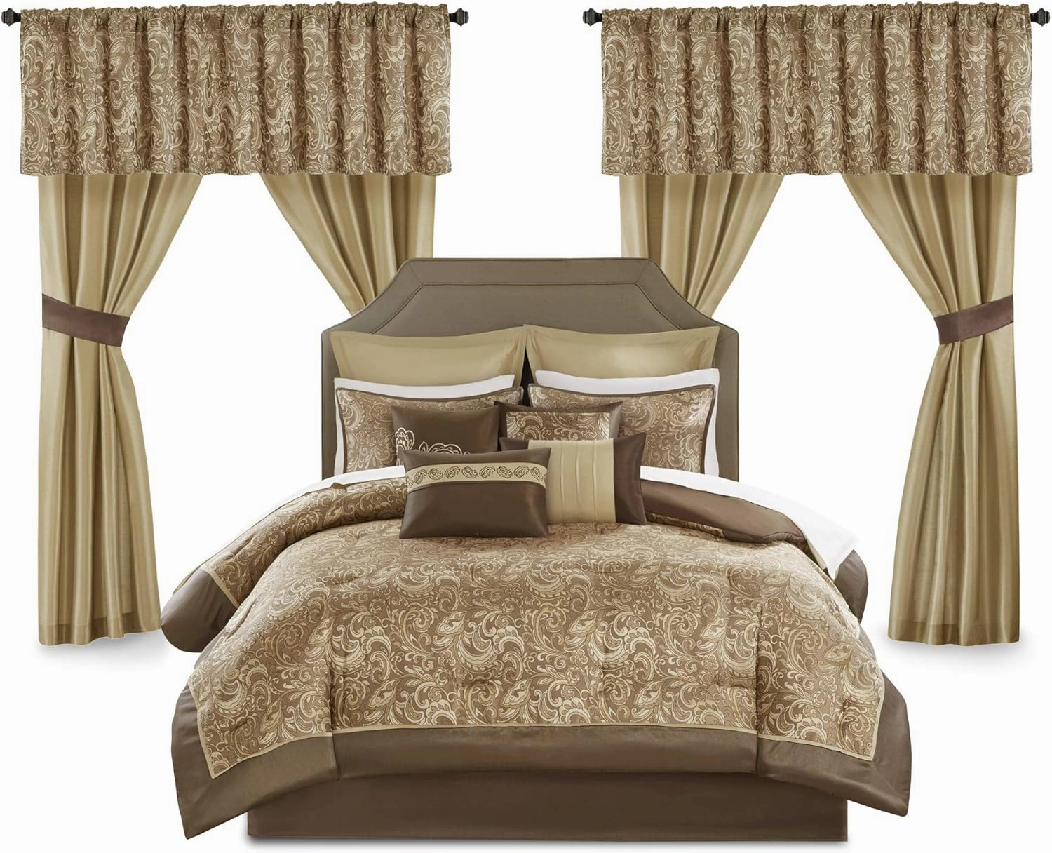 Madison Park Essentials Brystol 24 Piece Room in a Bag Faux Silk Comforter Jacquard Paisley Design Matching Curtains Down Alternative Hypoallergenic All Season Bedding-Set, King(104"x92"), Brown