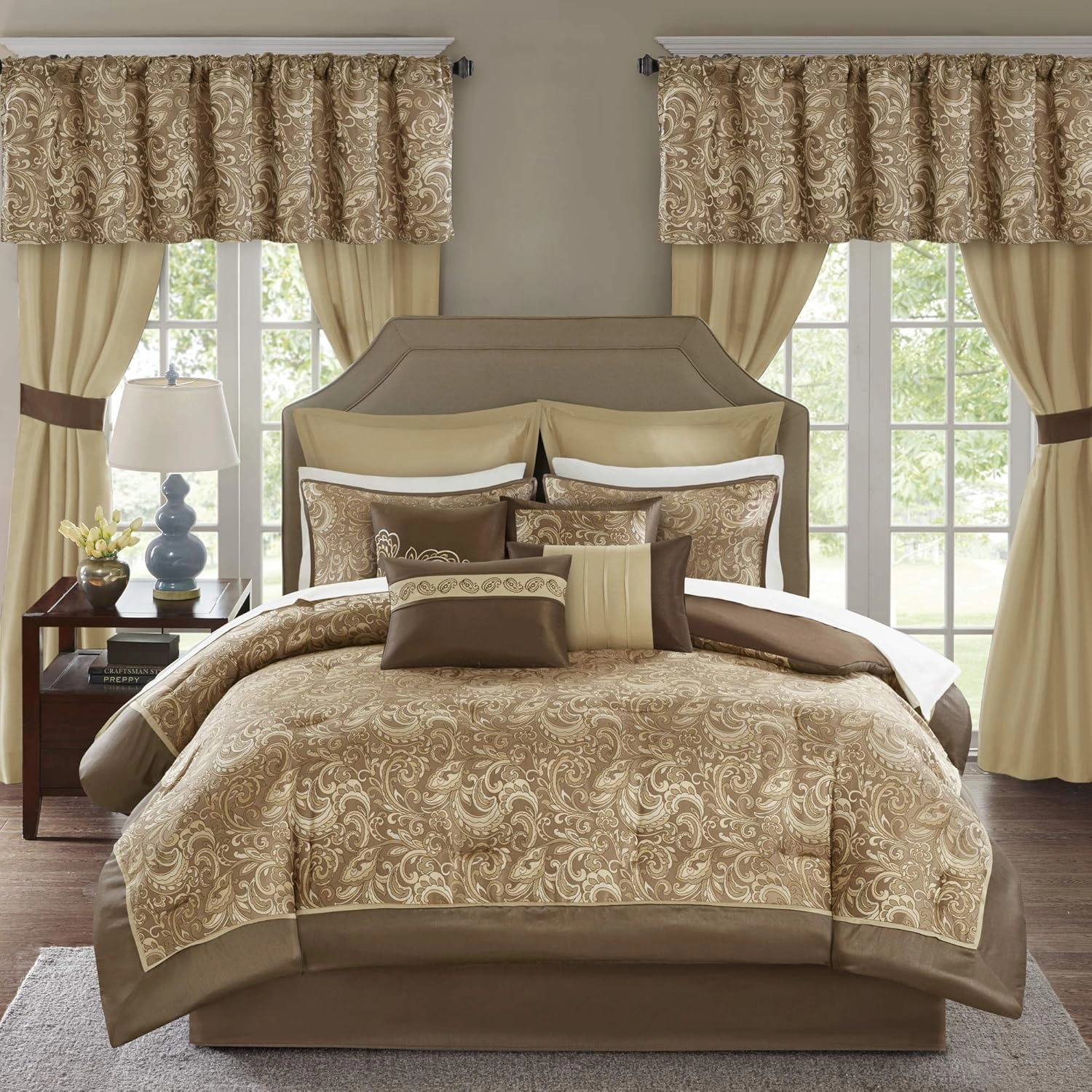 Madison Park Essentials Brystol 24 Piece Room in a Bag Faux Silk Comforter Jacquard Paisley Design Matching Curtains Down Alternative Hypoallergenic All Season Bedding-Set, King(104"x92"), Brown