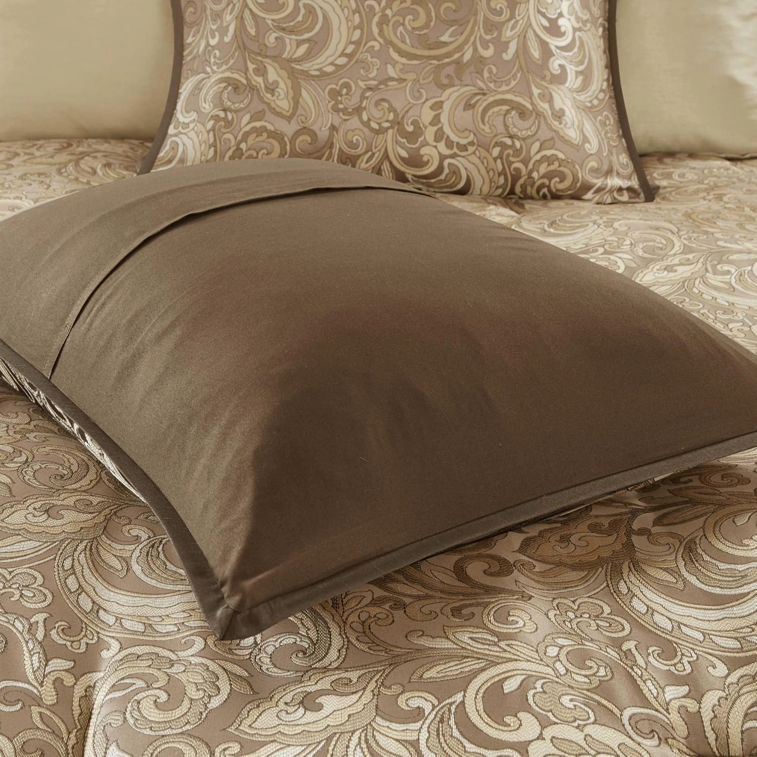 Madison Park Essentials Brystol 24 Piece Room in a Bag Faux Silk Comforter Jacquard Paisley Design Matching Curtains Down Alternative Hypoallergenic All Season Bedding-Set, King(104"x92"), Brown