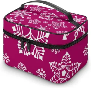 Makeup Bag Bright Pink Snowflake Cosmetic Bag for Women Beauty Zipper Makeup Organizer PU Leather Waterproof Toiletry Train Case Winter
