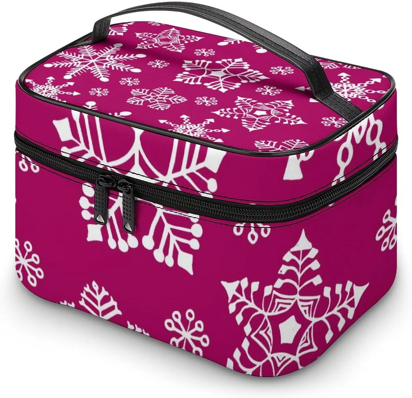 Makeup Bag Bright Pink Snowflake Cosmetic Bag for Women Beauty Zipper Makeup Organizer PU Leather Waterproof Toiletry Train Case Winter