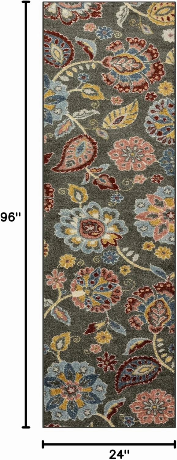 Maples Rugs Gardena Floral Runner Rug – Made in USA – Washable, Non Slip Indoor LongCarpet for Hallway, Kitchen, and Laundry Room, 2' x 8', Gray