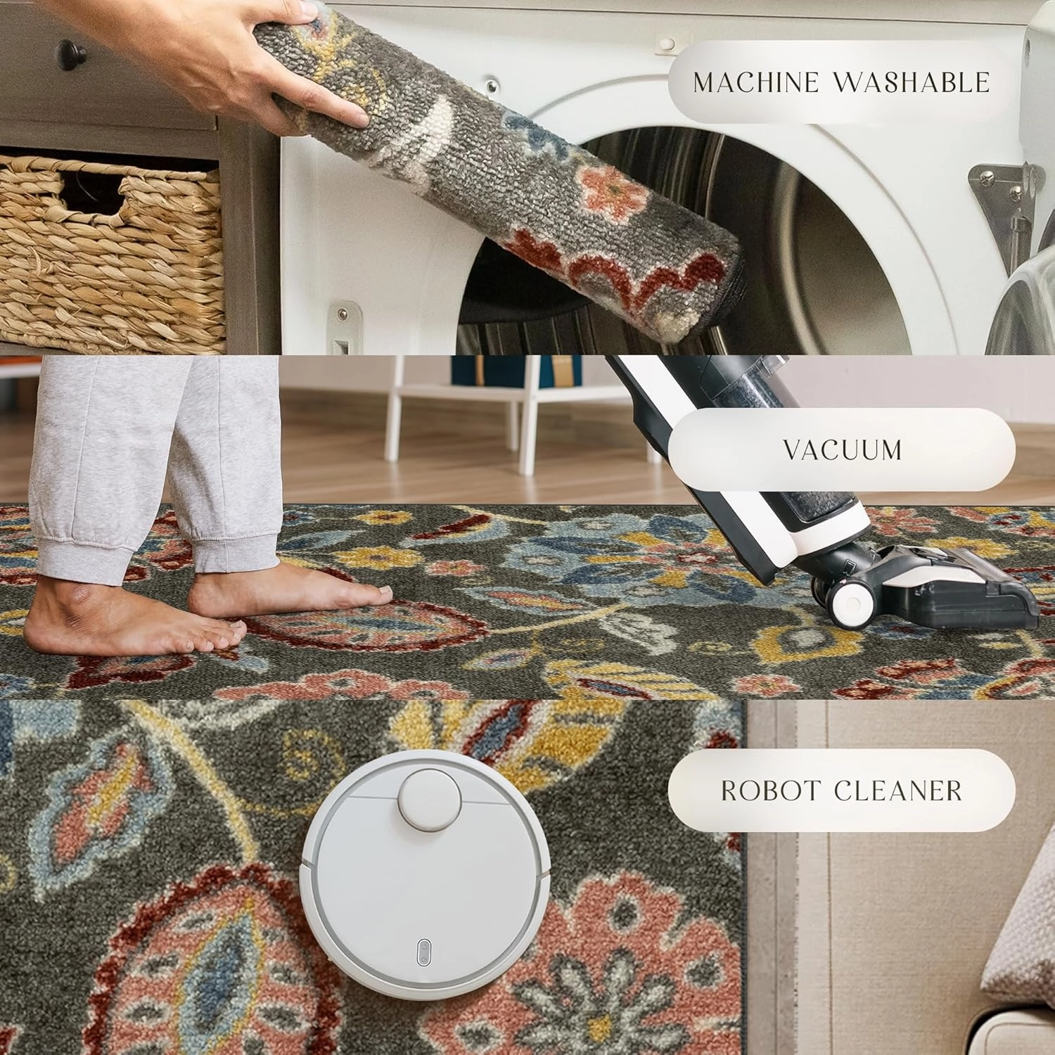 Maples Rugs Gardena Floral Runner Rug – Made in USA – Washable, Non Slip Indoor LongCarpet for Hallway, Kitchen, and Laundry Room, 2' x 8', Gray