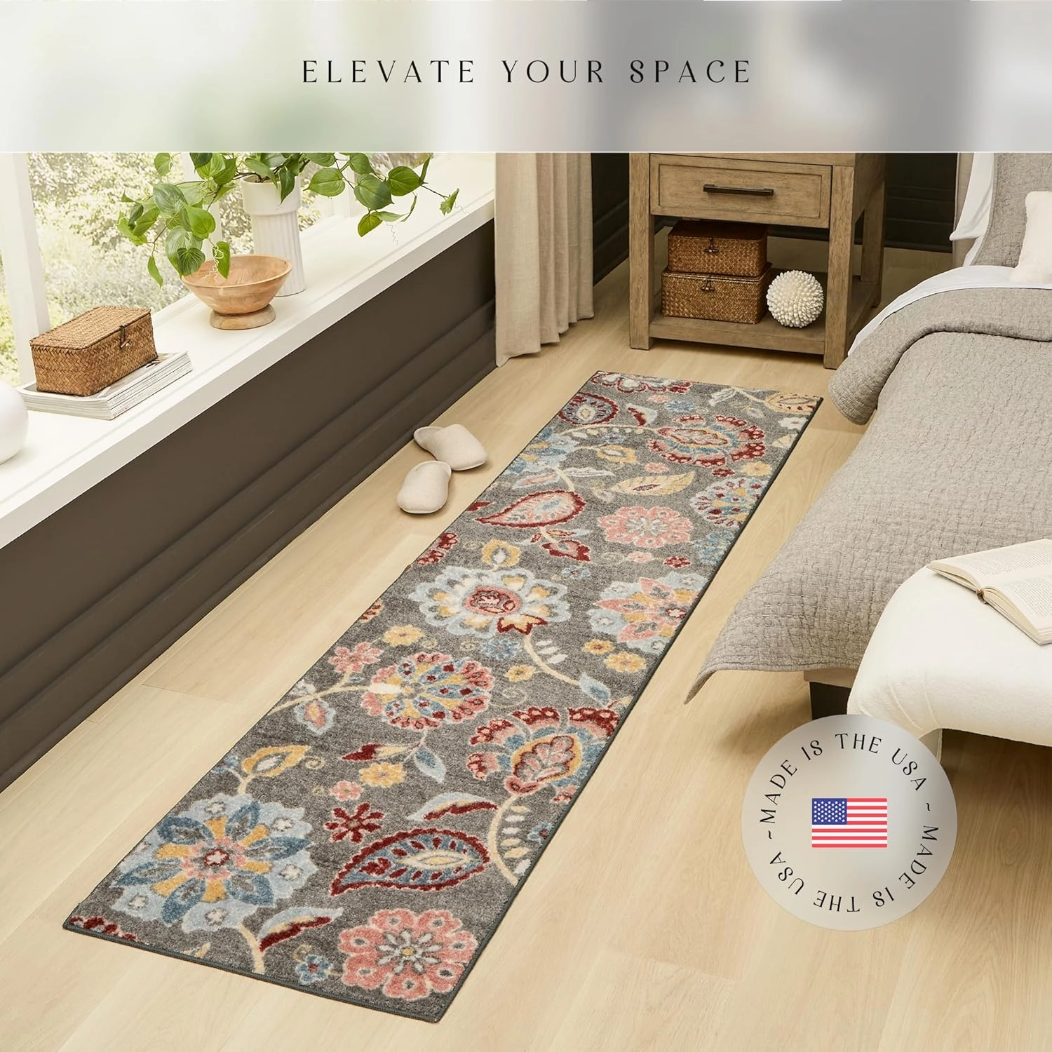 Maples Rugs Gardena Floral Runner Rug – Made in USA – Washable, Non Slip Indoor LongCarpet for Hallway, Kitchen, and Laundry Room, 2' x 8', Gray