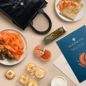 MARKY’S Caviar Gift Set Smoked Salmon & Salmon Roe – French Blinis & Crepes, Salmon Caviar x 2 OZ, Scottish Smoked Salmon x 8 OZ, Scottish Gravlax Salmon x 4 OZ, New York Style Creme Fraiche, Capers