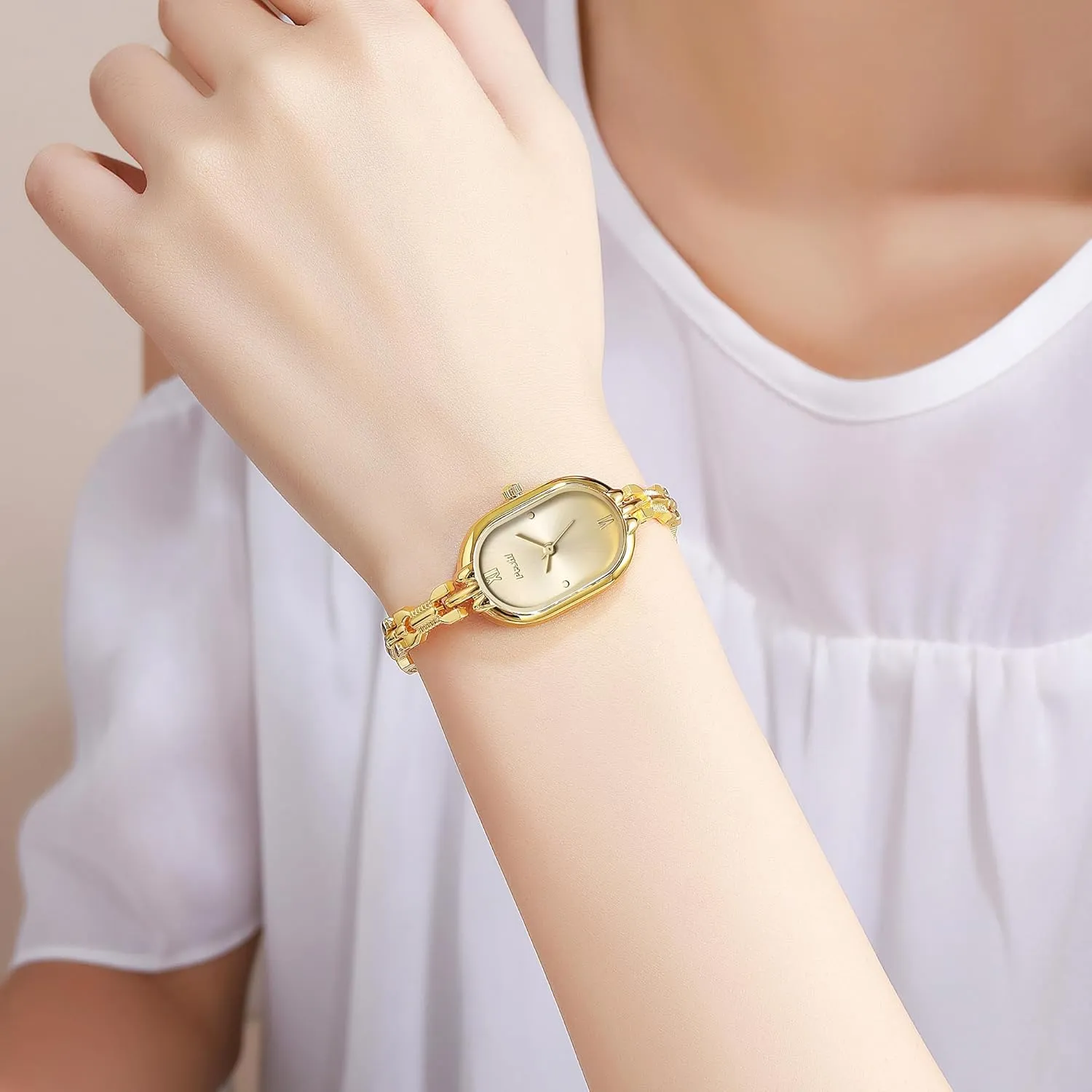 MASTOP Women's Gold Watch – Vintage Small Oval Bracelet Watch, Elegant Quartz Analog Wristwatch, Dainty Luxury Waterproof Timepiece for Women