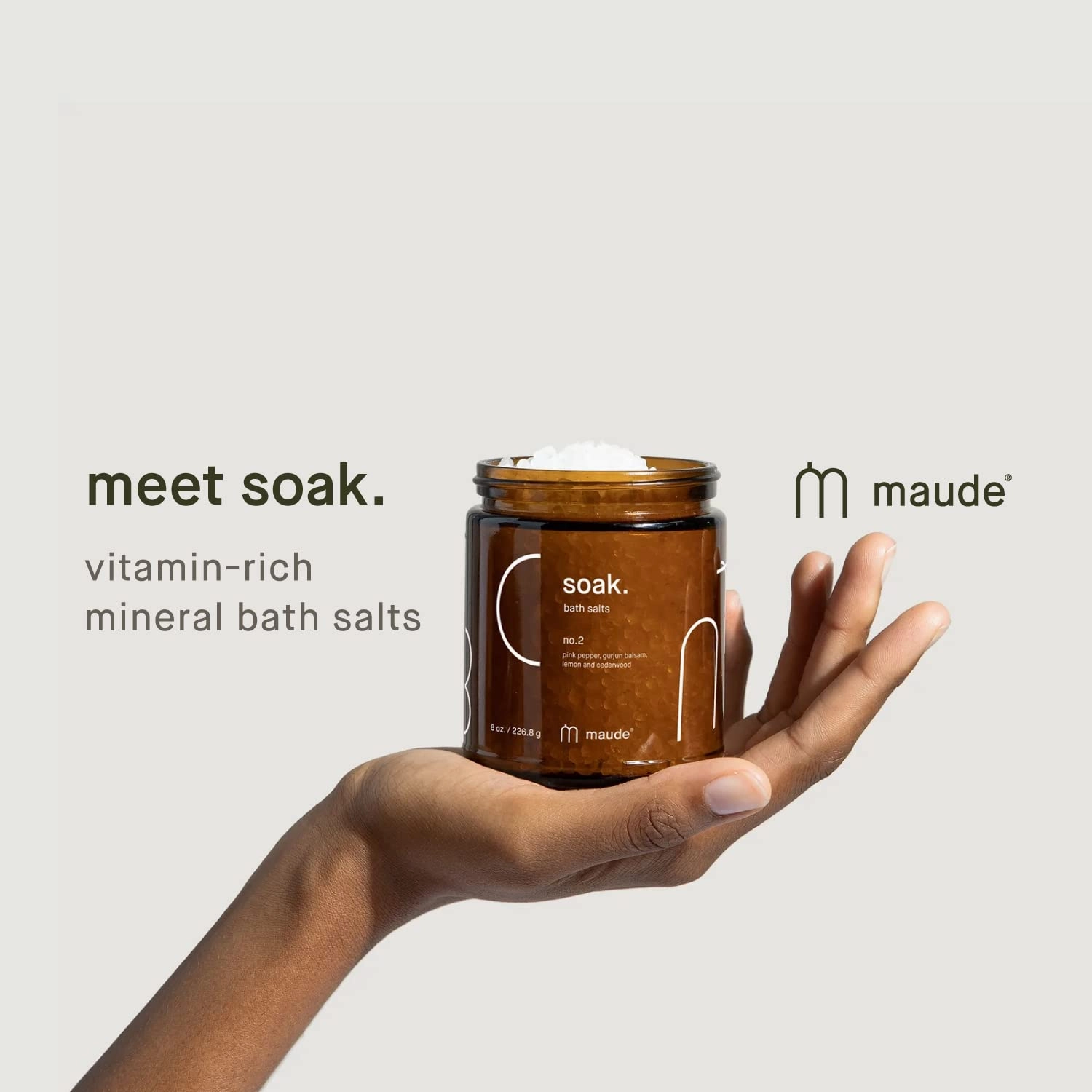 Maude Soak No. 2 - Nourishing Mineral Bath Salts - Hand-Harvested Dead Sea Salt with Magnesium & Potassium Chloride - Soften & Rejuvenate Skin - Notes of Pink Pepper & Lemon (8 oz)
