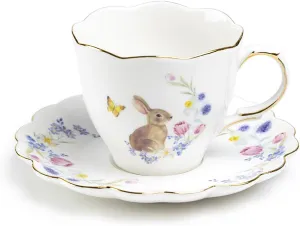 Meadow Bunny Tea Cup and Saucer with Gold Trim, Spring Easter Bunny Floral and Butterfly Tea Cup and Saucer Set
