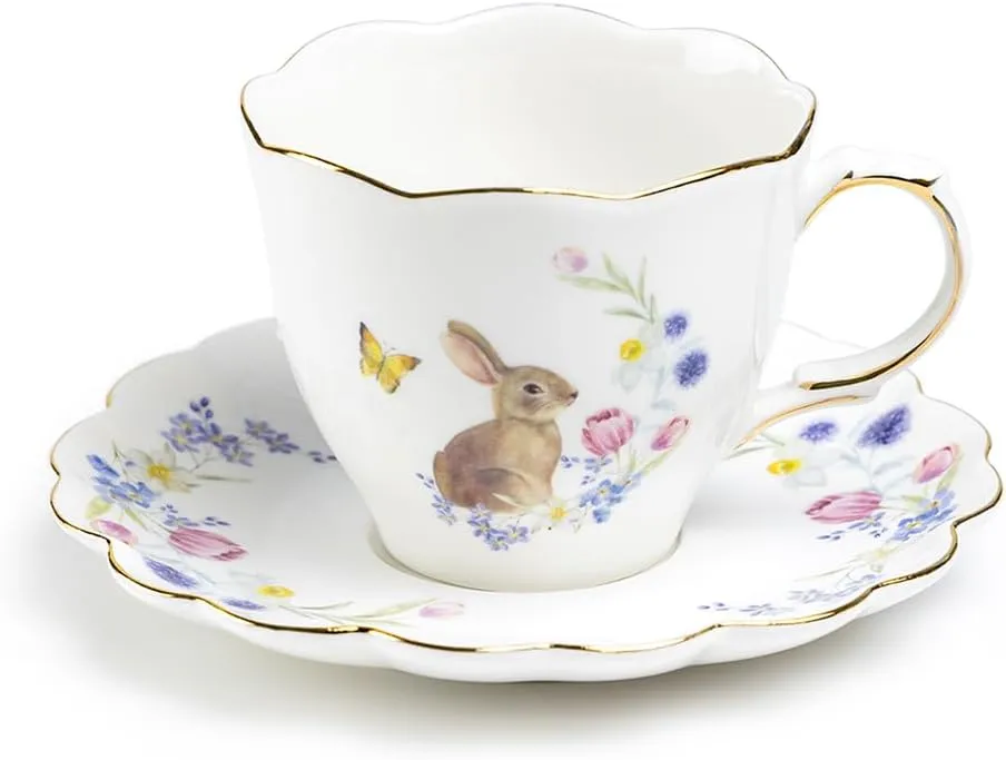 Meadow Bunny Tea Cup and Saucer with Gold Trim, Spring Easter Bunny Floral and Butterfly Tea Cup and Saucer Set