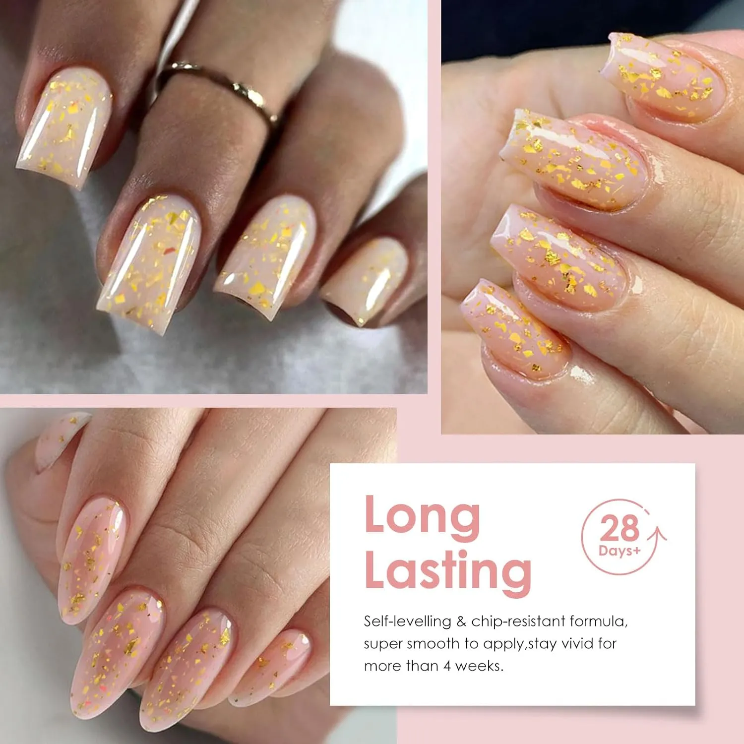 MEET ACROSS Rubber Base Gel for Nails Gold Foil Base Nail Polish 18PCS Nail Polish Kit for Nail Strengthen/Apex Building/Enhance/Reinforced Gel Gifts