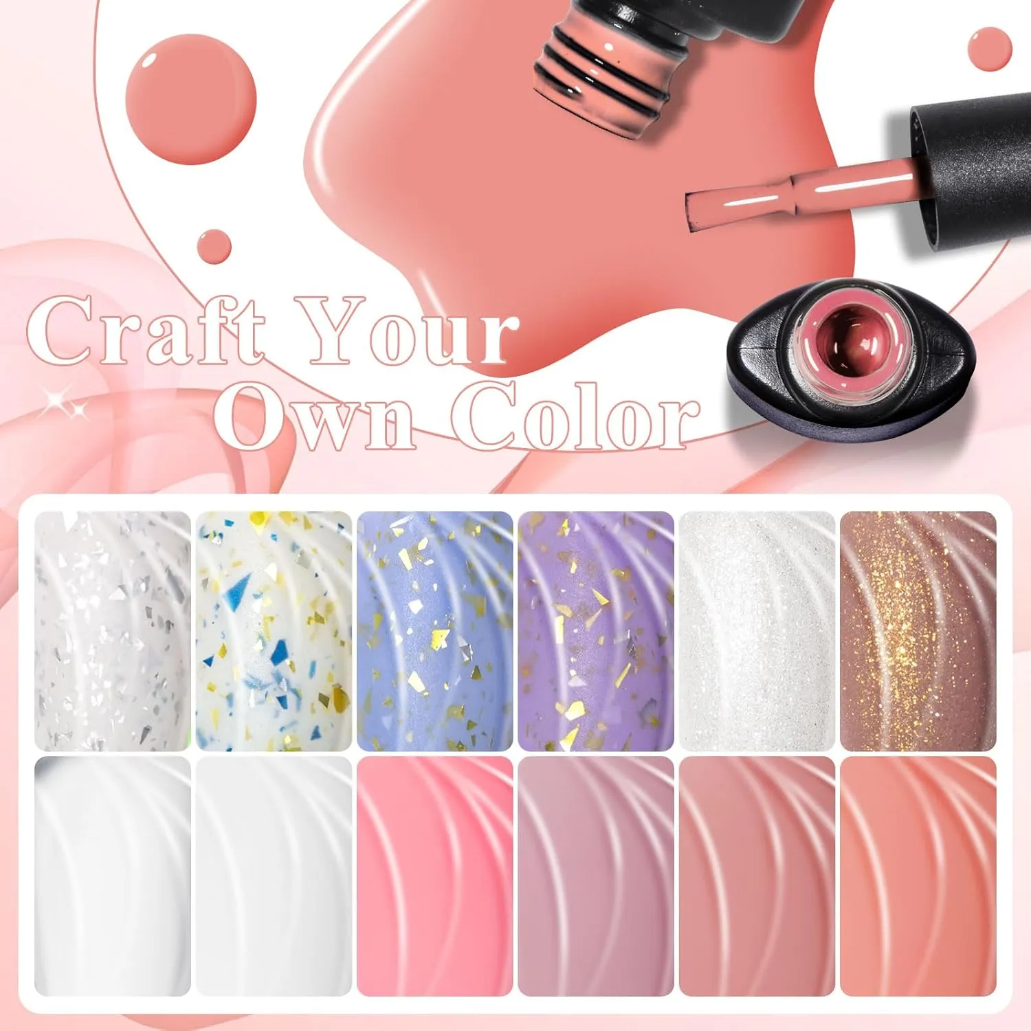 MEET ACROSS Rubber Base Gel for Nails Gold Foil Base Nail Polish 18PCS Nail Polish Kit for Nail Strengthen/Apex Building/Enhance/Reinforced Gel Gifts