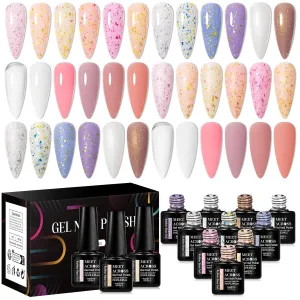 MEET ACROSS Rubber Base Gel for Nails Gold Foil Base Nail Polish 18PCS Nail Polish Kit for Nail Strengthen/Apex Building/Enhance/Reinforced Gel Gifts