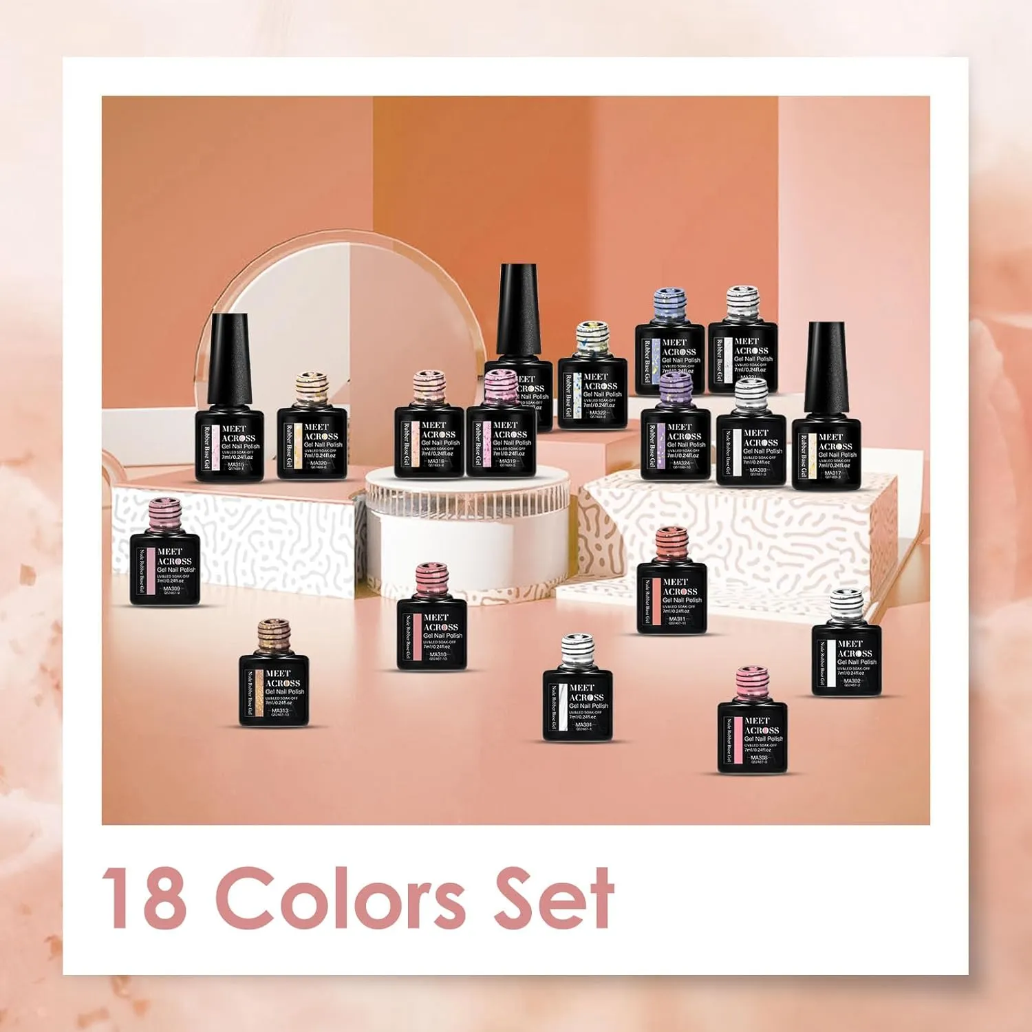 MEET ACROSS Rubber Base Gel for Nails Gold Foil Base Nail Polish 18PCS Nail Polish Kit for Nail Strengthen/Apex Building/Enhance/Reinforced Gel Gifts