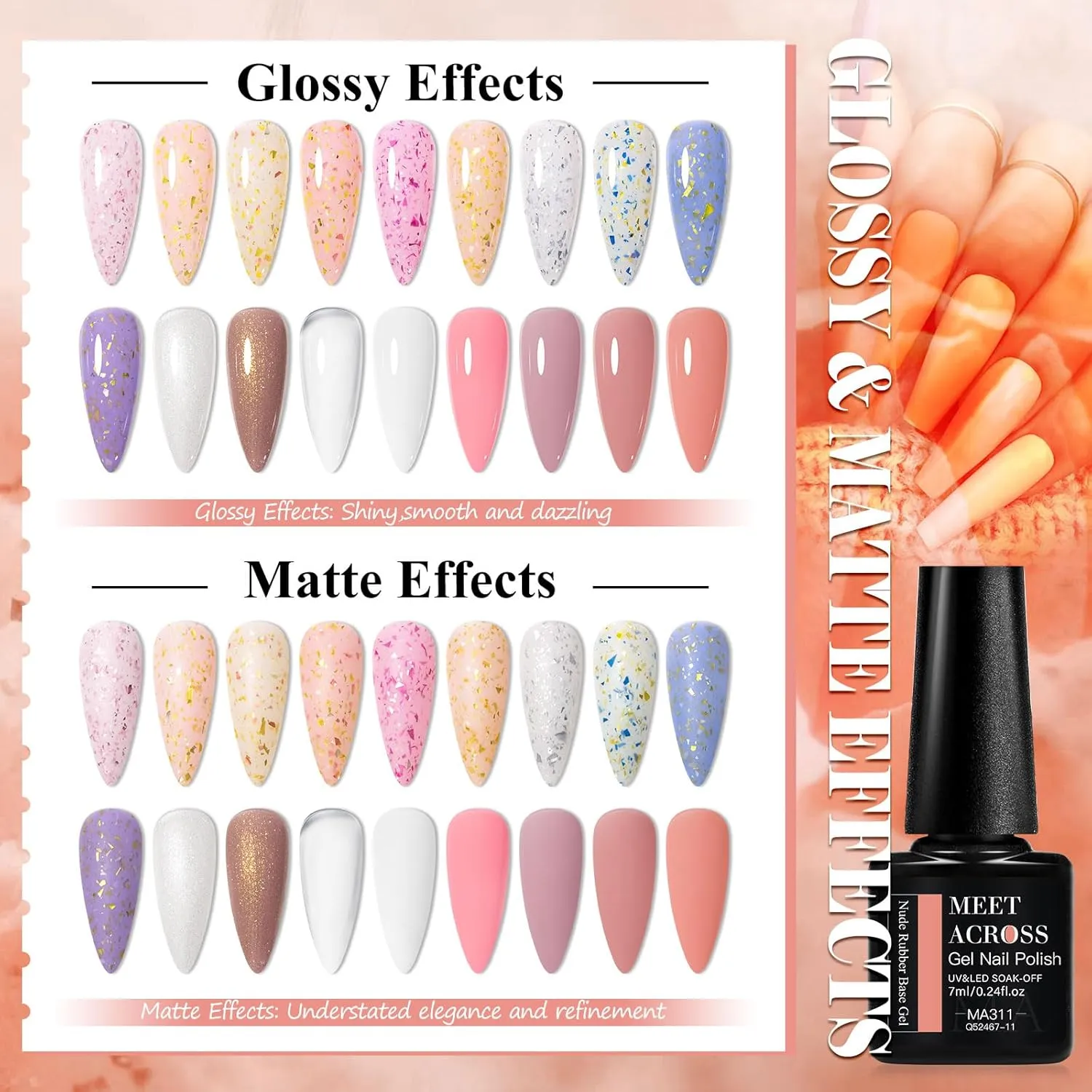 MEET ACROSS Rubber Base Gel for Nails Gold Foil Base Nail Polish 18PCS Nail Polish Kit for Nail Strengthen/Apex Building/Enhance/Reinforced Gel Gifts