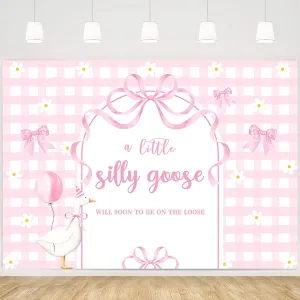 MEHOFOND 8x6ft A Little Silly Goose Will Soon to Be On The Loose Backdrop Pink Plaid Arch Bow Tie Banner Cute Baby Shower Party Decoration Swee Little Goose Banner for Girl Baby Shower Party Supplies