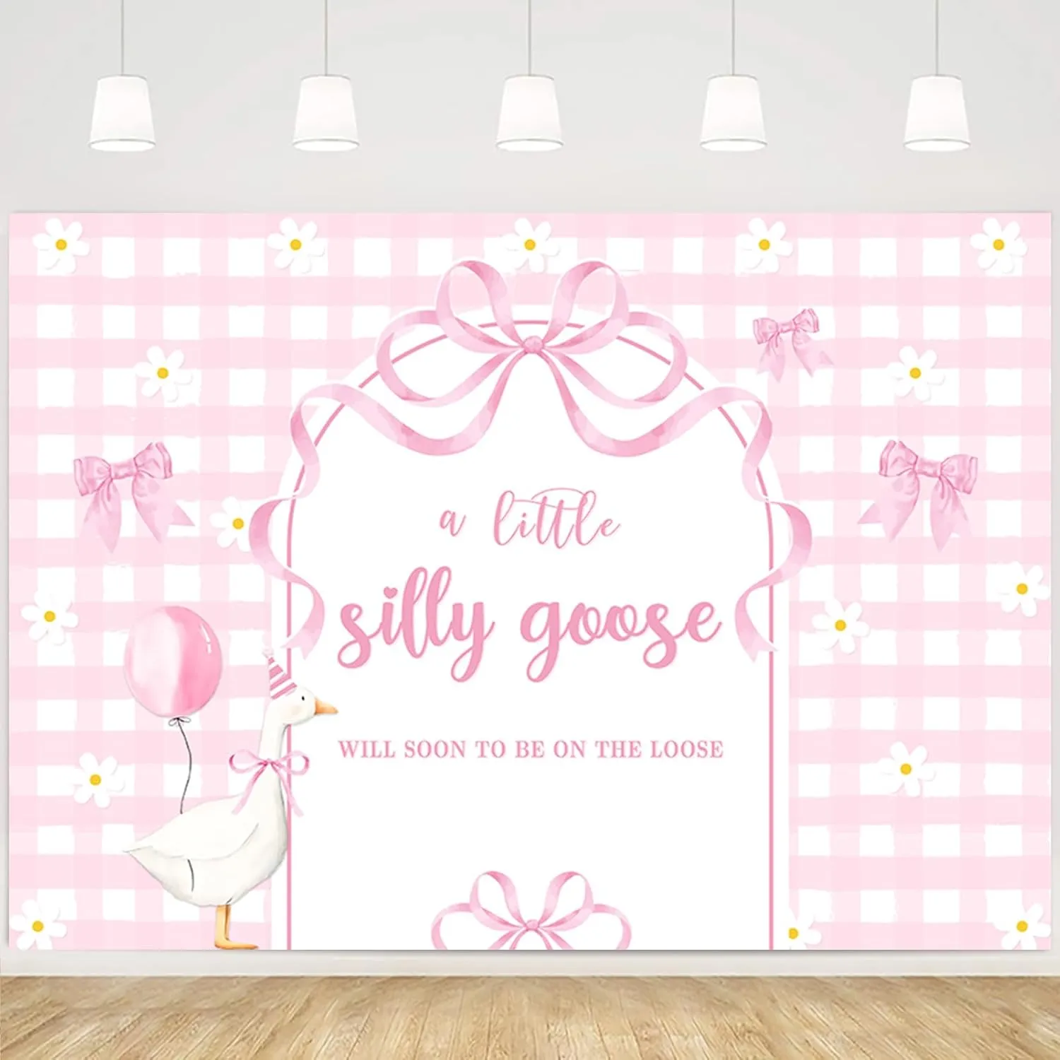 MEHOFOND 8x6ft A Little Silly Goose Will Soon to Be On The Loose Backdrop Pink Plaid Arch Bow Tie Banner Cute Baby Shower Party Decoration Swee Little Goose Banner for Girl Baby Shower Party Supplies