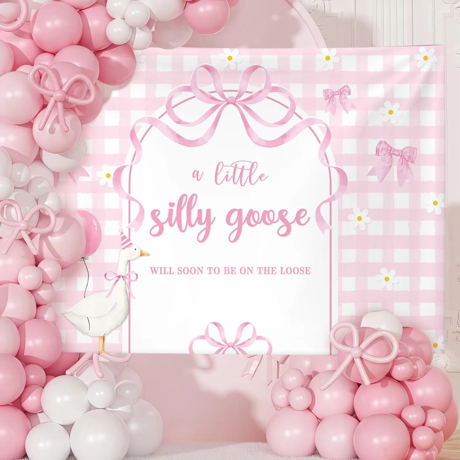 MEHOFOND 8x6ft A Little Silly Goose Will Soon to Be On The Loose Backdrop Pink Plaid Arch Bow Tie Banner Cute Baby Shower Party Decoration Swee Little Goose Banner for Girl Baby Shower Party Supplies
