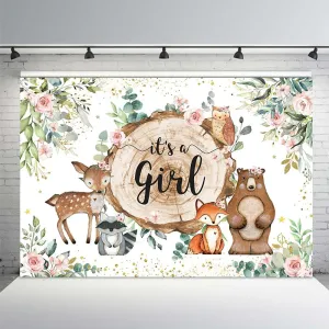 MEHOFOND It's A Girl Baby Shower Backdrop Woodland Baby Shower Decorations Jungle Animals Watercolor Eucalyptus Pink Floral Photography Background Newborn Portrait Photo Banner 10x7ft