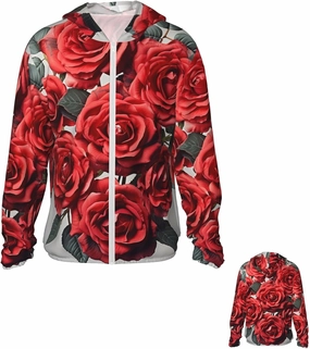 Men's Sun Protection Jacket UPF 50  Full Zipper Long Sleeve UV Hoodie Shirt Red Rose Flower Cluster Women's Outdoor Jacket