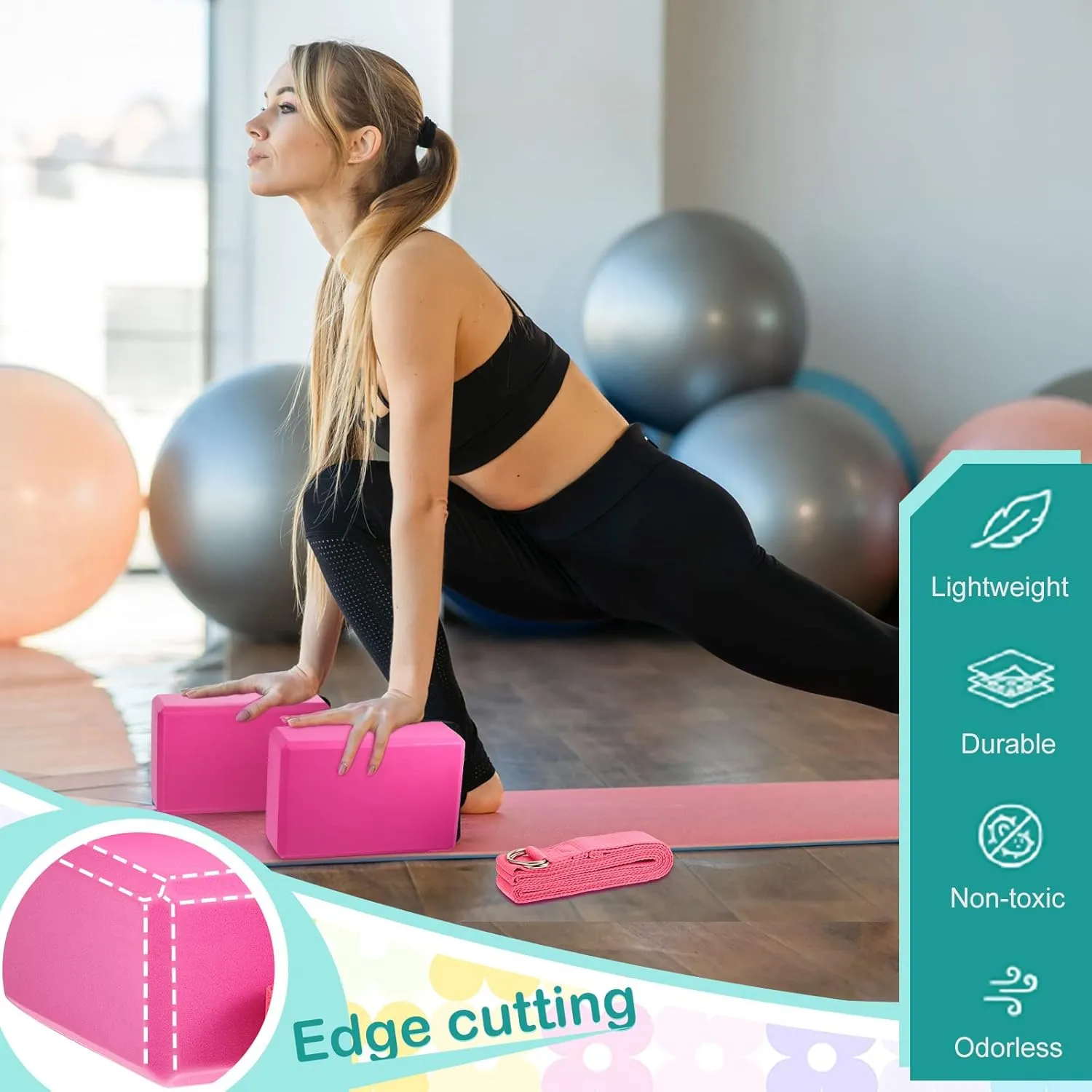 Meooeck 18 Pcs Yoga Block and Strap Set 9 x 6 x 3 Inch EVA Foam Non Slip Brick 8 ft Yoga Straps for Stretching D Ring Design for Pilates Fitness Workout Exercise