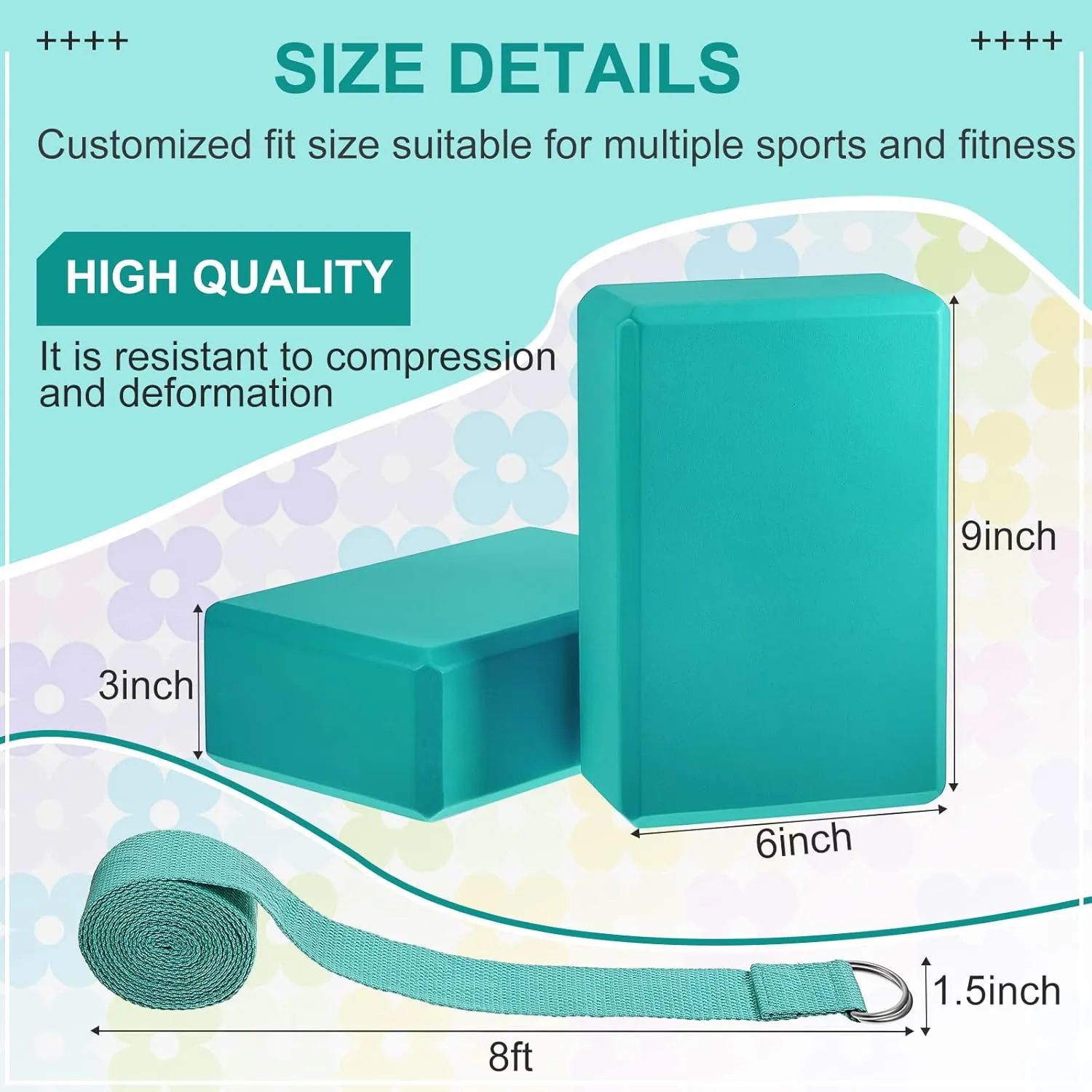 Meooeck 18 Pcs Yoga Block and Strap Set 9 x 6 x 3 Inch EVA Foam Non Slip Brick 8 ft Yoga Straps for Stretching D Ring Design for Pilates Fitness Workout Exercise