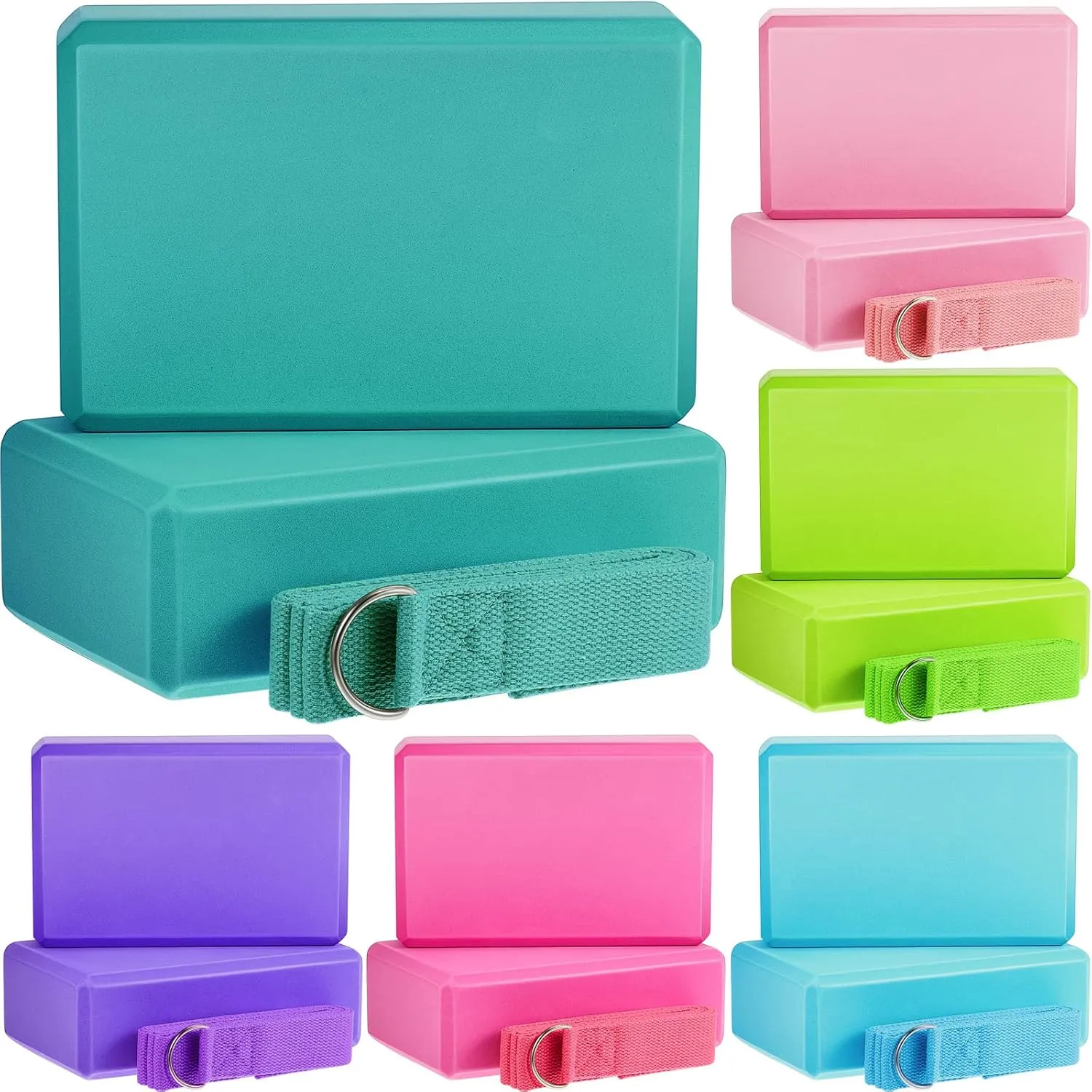 Meooeck 18 Pcs Yoga Block and Strap Set 9 x 6 x 3 Inch EVA Foam Non Slip Brick 8 ft Yoga Straps for Stretching D Ring Design for Pilates Fitness Workout Exercise
