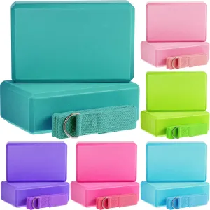 Meooeck 18 Pcs Yoga Block and Strap Set 9 x 6 x 3 Inch EVA Foam Non Slip Brick 8 ft Yoga Straps for Stretching D Ring Design for Pilates Fitness Workout Exercise