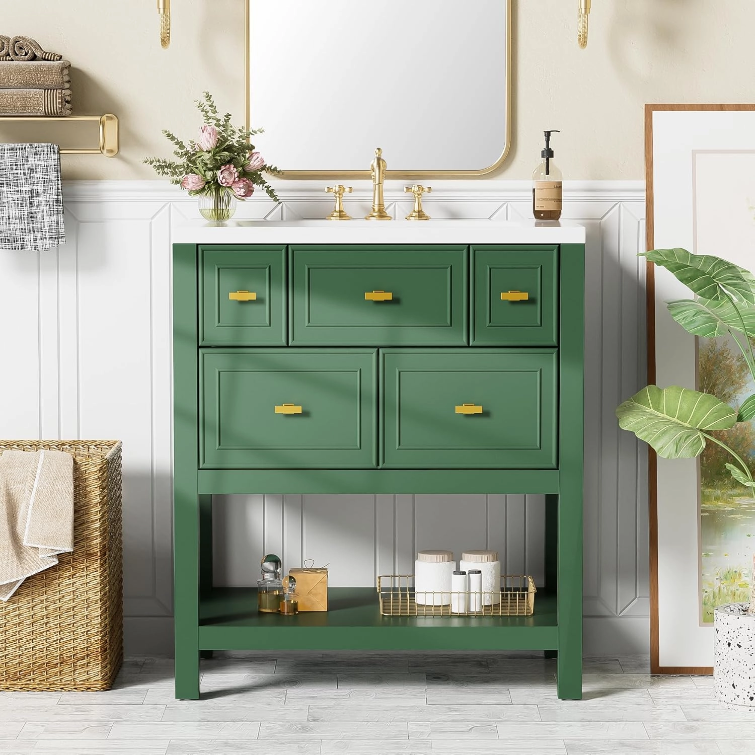 Merax 30 Inch Green Bathroom Vanity with Sink,Modern Bathroom Sink Cabinet 36" with 5 Drawers,Tip-Out Drawer & Open Storage Shelf,Integrated Countertop,Soft Closing,Solid Wood Frame