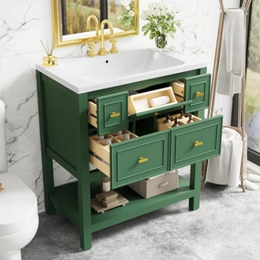 Merax 30 Inch Green Bathroom Vanity with Sink,Modern Bathroom Sink Cabinet 36" with 5 Drawers,Tip-Out Drawer & Open Storage Shelf,Integrated Countertop,Soft Closing,Solid Wood Frame