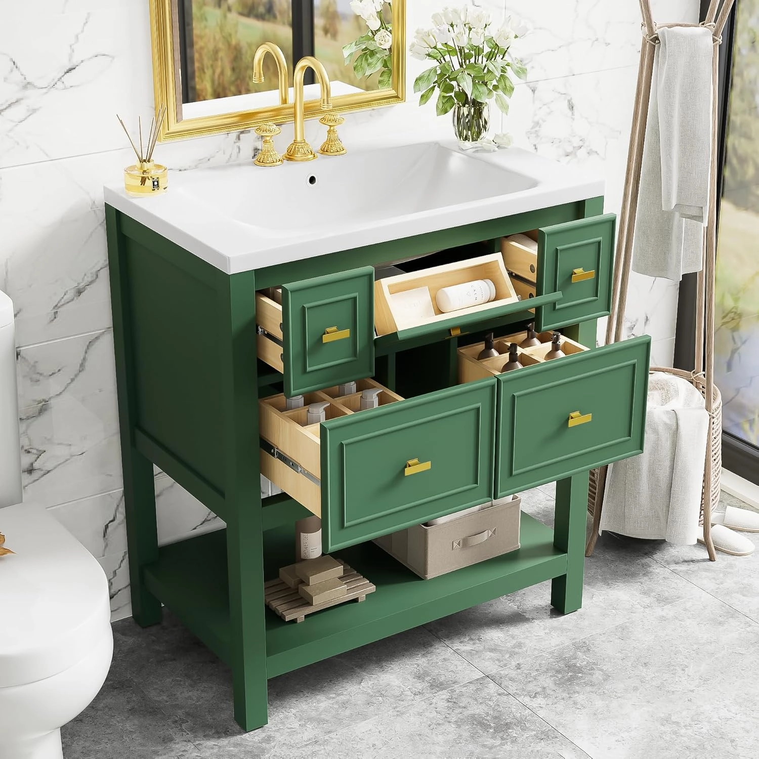 Merax 30 Inch Green Bathroom Vanity with Sink,Modern Bathroom Sink Cabinet 36" with 5 Drawers,Tip-Out Drawer & Open Storage Shelf,Integrated Countertop,Soft Closing,Solid Wood Frame