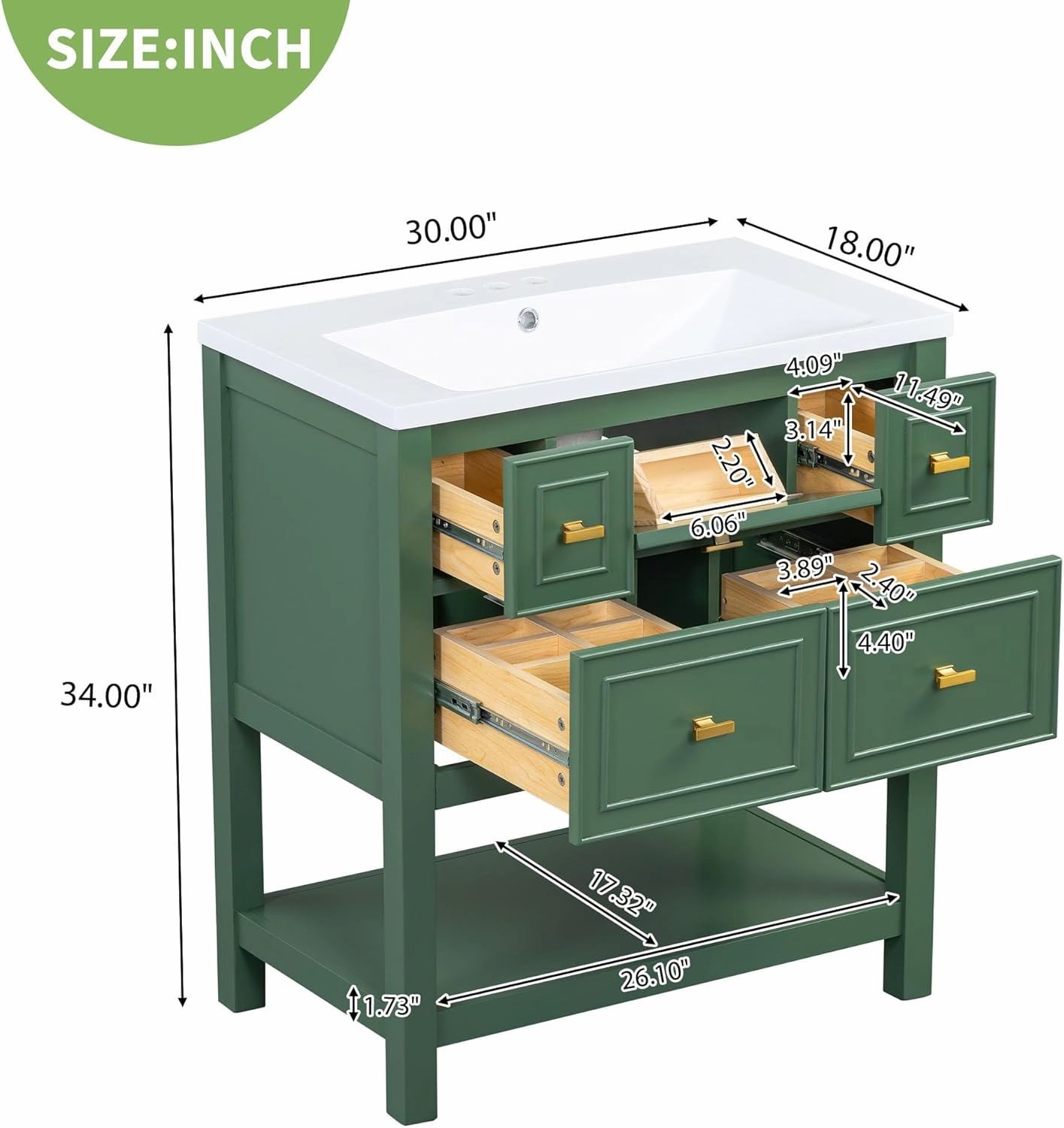 Merax 30 Inch Green Bathroom Vanity with Sink,Modern Bathroom Sink Cabinet 36" with 5 Drawers,Tip-Out Drawer & Open Storage Shelf,Integrated Countertop,Soft Closing,Solid Wood Frame