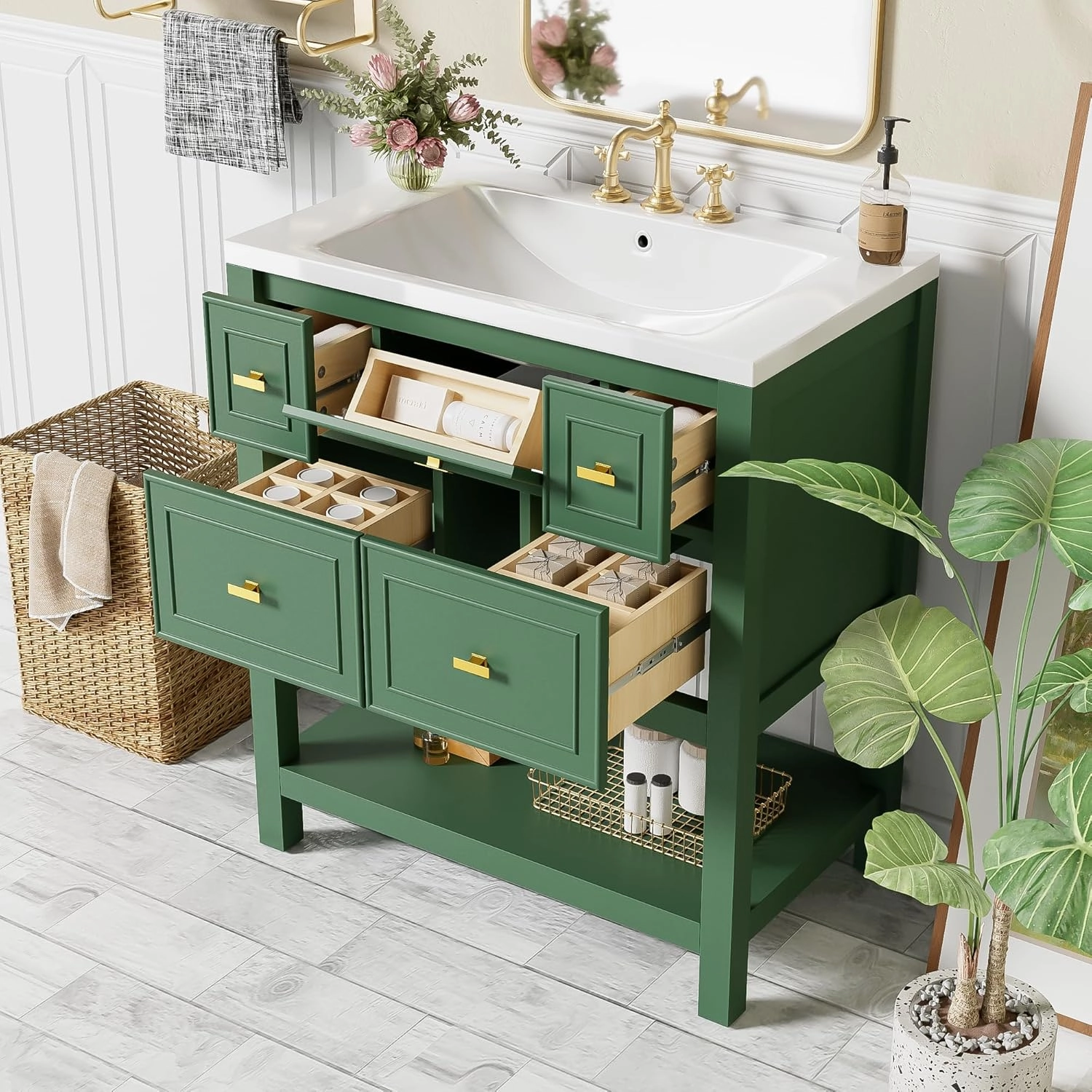 Merax 30 Inch Green Bathroom Vanity with Sink,Modern Bathroom Sink Cabinet 36" with 5 Drawers,Tip-Out Drawer & Open Storage Shelf,Integrated Countertop,Soft Closing,Solid Wood Frame