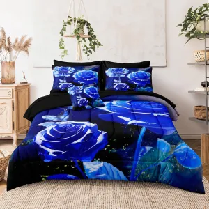 Merryword 8 Pcs Bed in a Bag Blue Rose Comforter Set King Size Rose Flower Bedding Set Romantic Love Valentine Bedding Comforter Set