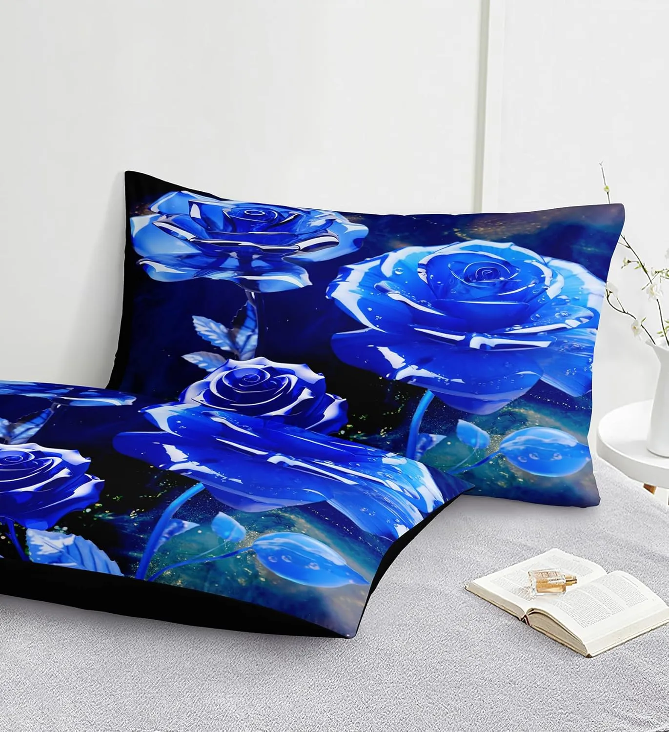 Merryword 8 Pcs Bed in a Bag Blue Rose Comforter Set King Size Rose Flower Bedding Set Romantic Love Valentine Bedding Comforter Set