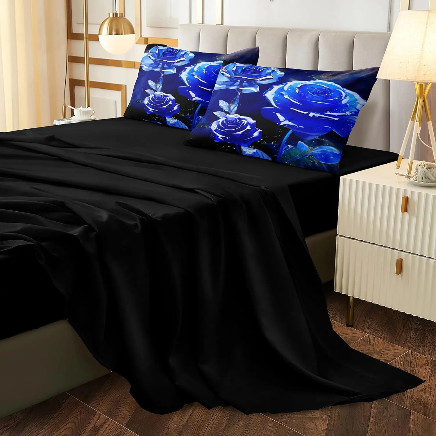 Merryword 8 Pcs Bed in a Bag Blue Rose Comforter Set King Size Rose Flower Bedding Set Romantic Love Valentine Bedding Comforter Set