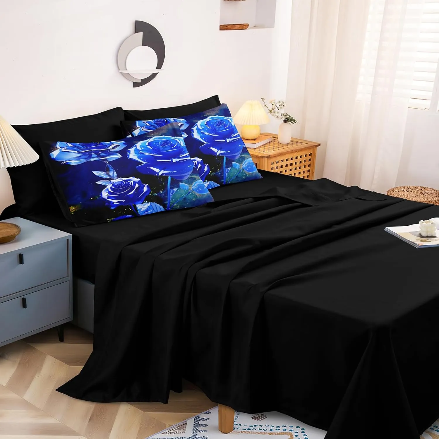 Merryword 8 Pcs Bed in a Bag Blue Rose Comforter Set King Size Rose Flower Bedding Set Romantic Love Valentine Bedding Comforter Set