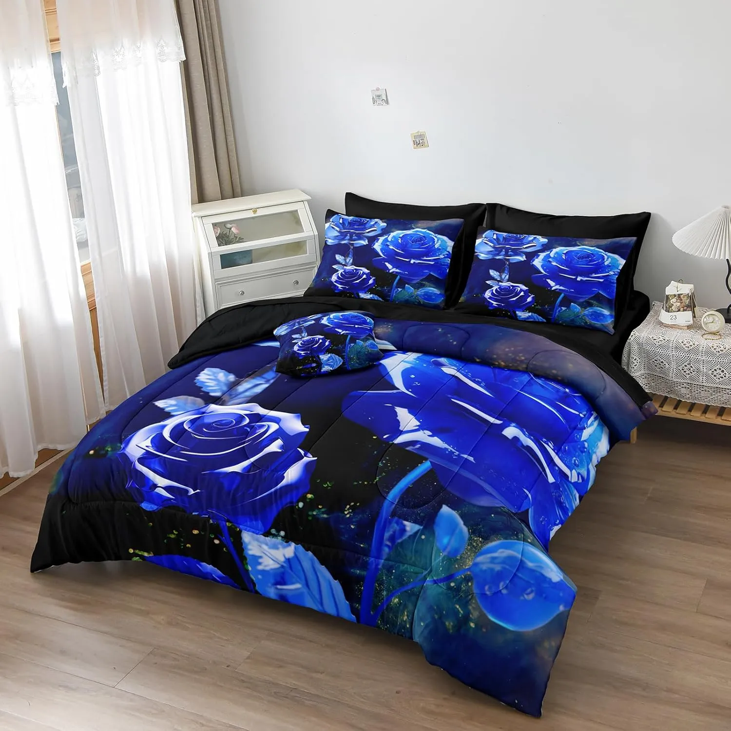 Merryword 8 Pcs Bed in a Bag Blue Rose Comforter Set King Size Rose Flower Bedding Set Romantic Love Valentine Bedding Comforter Set