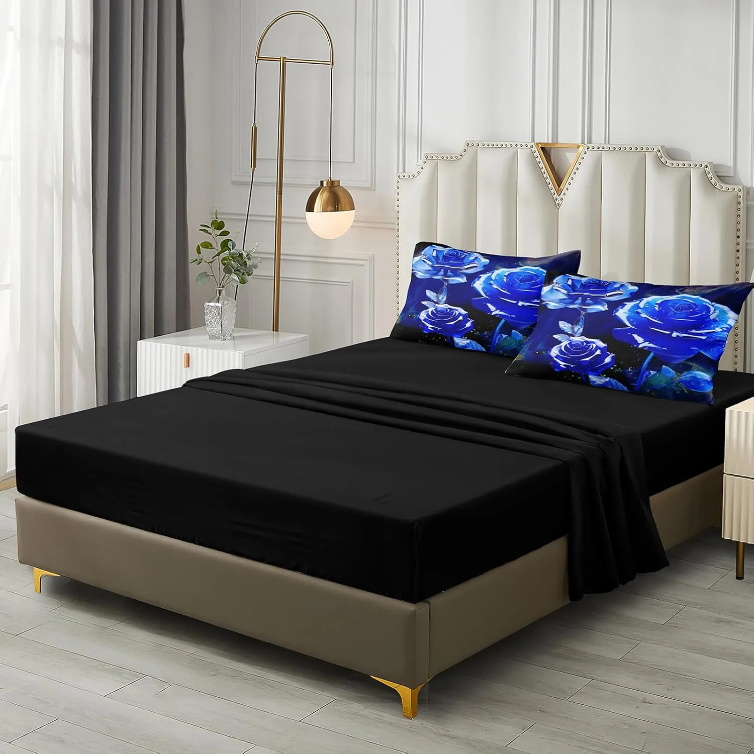 Merryword 8 Pcs Bed in a Bag Blue Rose Comforter Set King Size Rose Flower Bedding Set Romantic Love Valentine Bedding Comforter Set