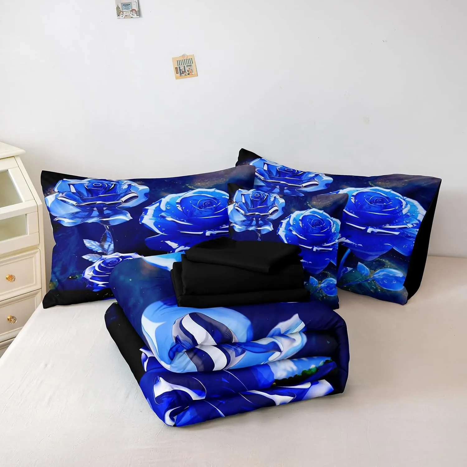 Merryword 8 Pcs Bed in a Bag Blue Rose Comforter Set King Size Rose Flower Bedding Set Romantic Love Valentine Bedding Comforter Set