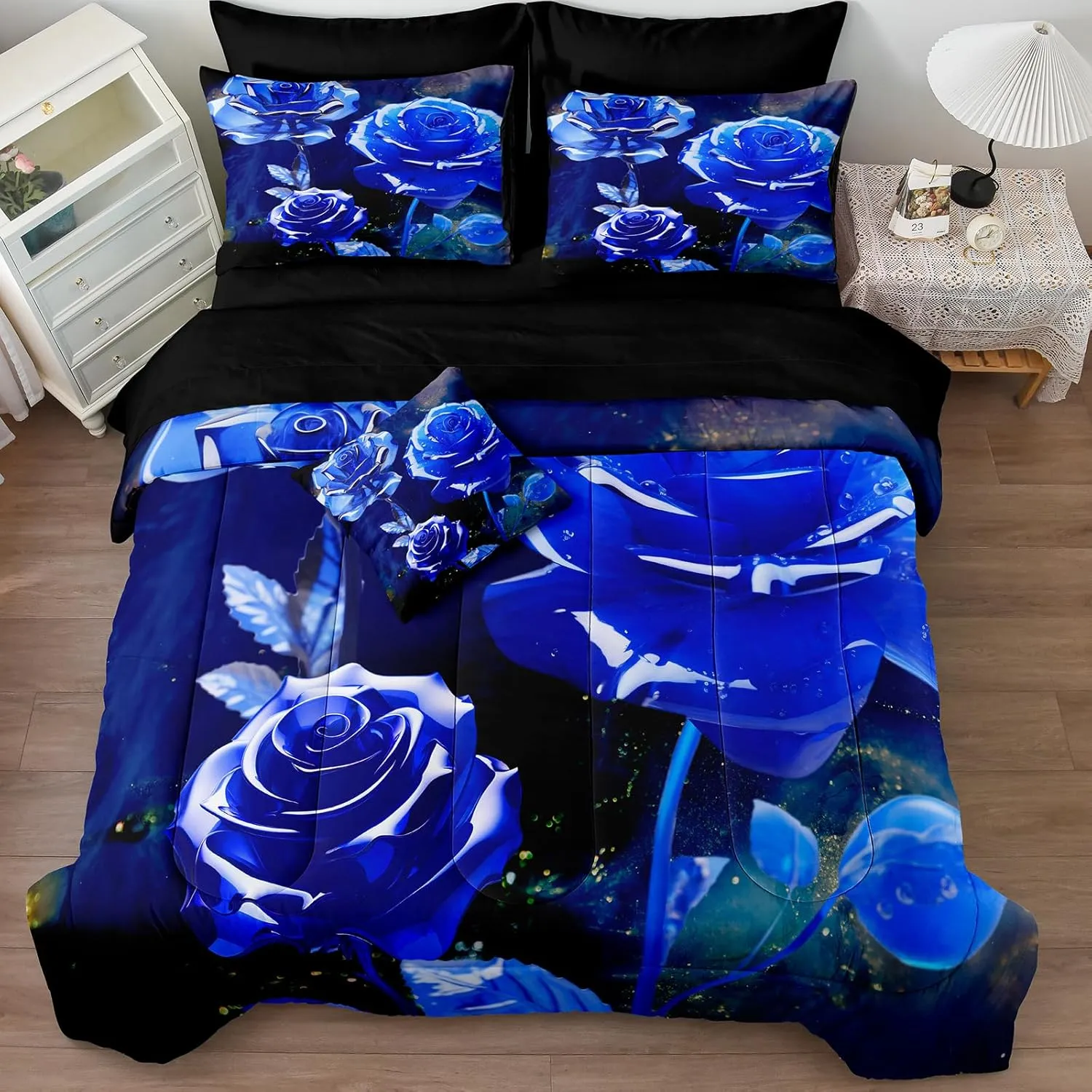 Merryword 8 Pcs Bed in a Bag Blue Rose Comforter Set King Size Rose Flower Bedding Set Romantic Love Valentine Bedding Comforter Set