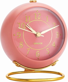 Metal Desk Alarm Clock, Retro Bedroom Table Vintage Analog Silent Non-Ticking Gold Alarm Clock, Bedside Decor (Sweet Pink)