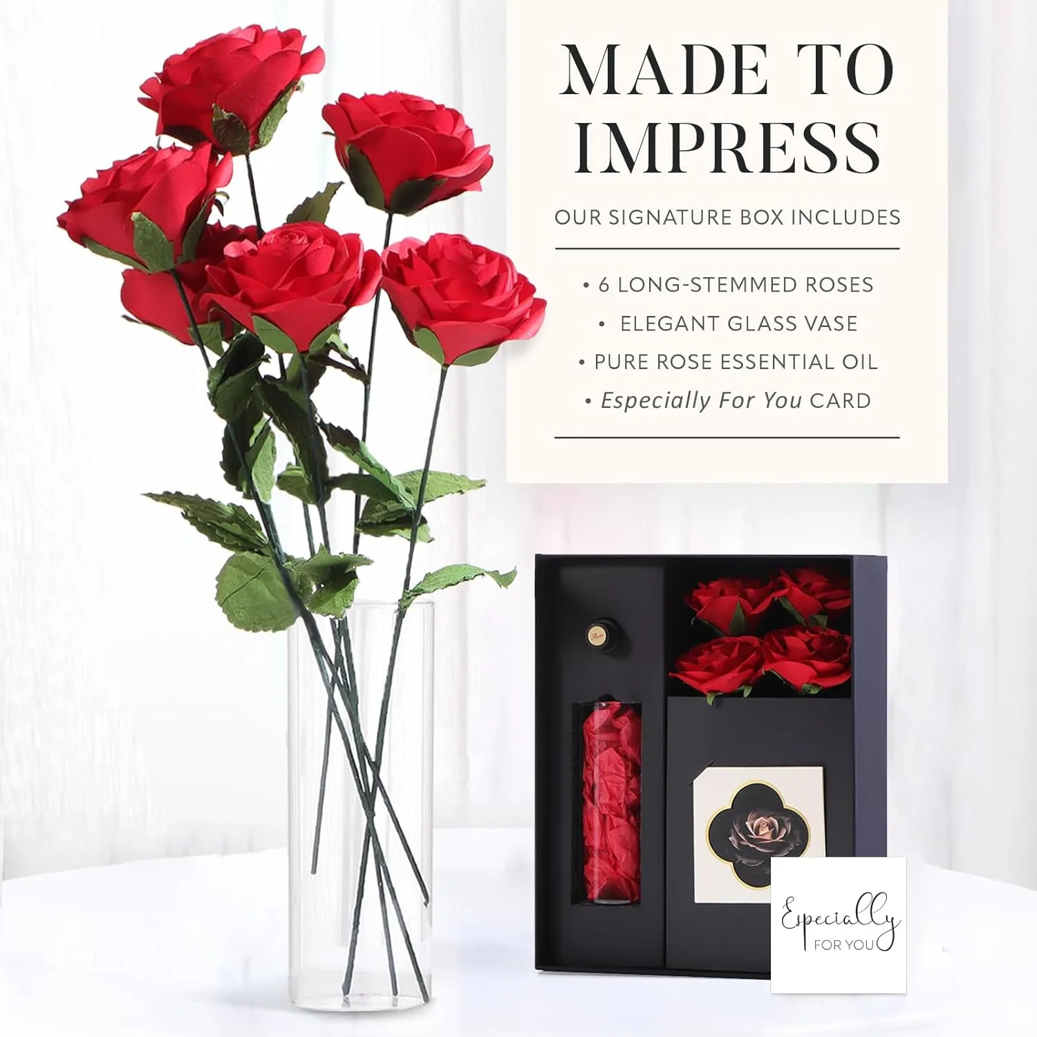 Michael Grace Gifts Paper Flower Bouquet - Set of 6 Handmade Roses Artificial Flowers with Rose Essential Oil, Card & Vase - Birthday Gifts for Women, Wife, Grandma, Daughter