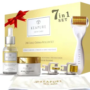 Microneedling Derma Roller Kit for Face, Eyes & Body – 4-in-1 Skin Care Tool with 540, 600, 1200 Titanium Micro Needle Heads & 30g Hydrating Cream   25% Vitamin C Serum – At-Home Skin Roller Set