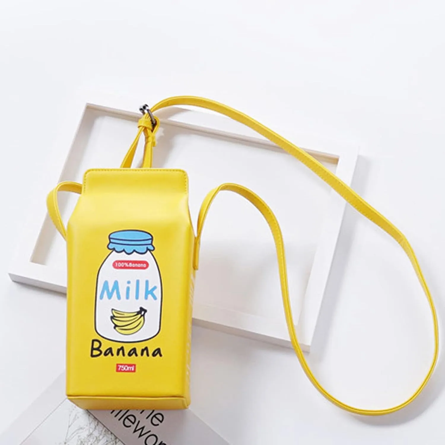 Milk Box Cross Body Shoulder Bag Phone Wallet for Women, Cute Fruits Banana Strawberry Fashion Casual Printed Purse