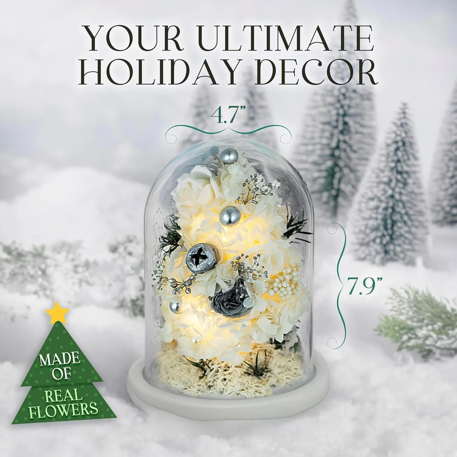 Mini Christmas Tree Preserved Flower in Glass Dome w/Light - Flowers Forever Christmas Table Decor, Long Lasting Eternal Flowers - Comes w/Thick Gift Box & Bow, Unique Gift - White