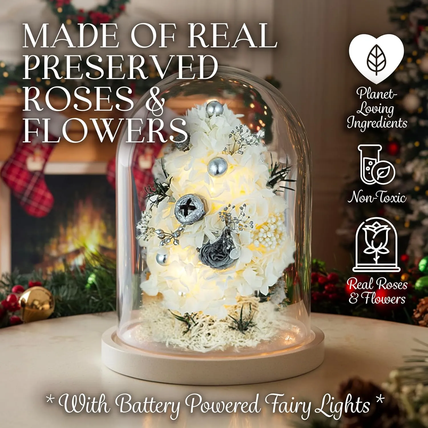 Mini Christmas Tree Preserved Flower in Glass Dome w/Light - Flowers Forever Christmas Table Decor, Long Lasting Eternal Flowers - Comes w/Thick Gift Box & Bow, Unique Gift - White