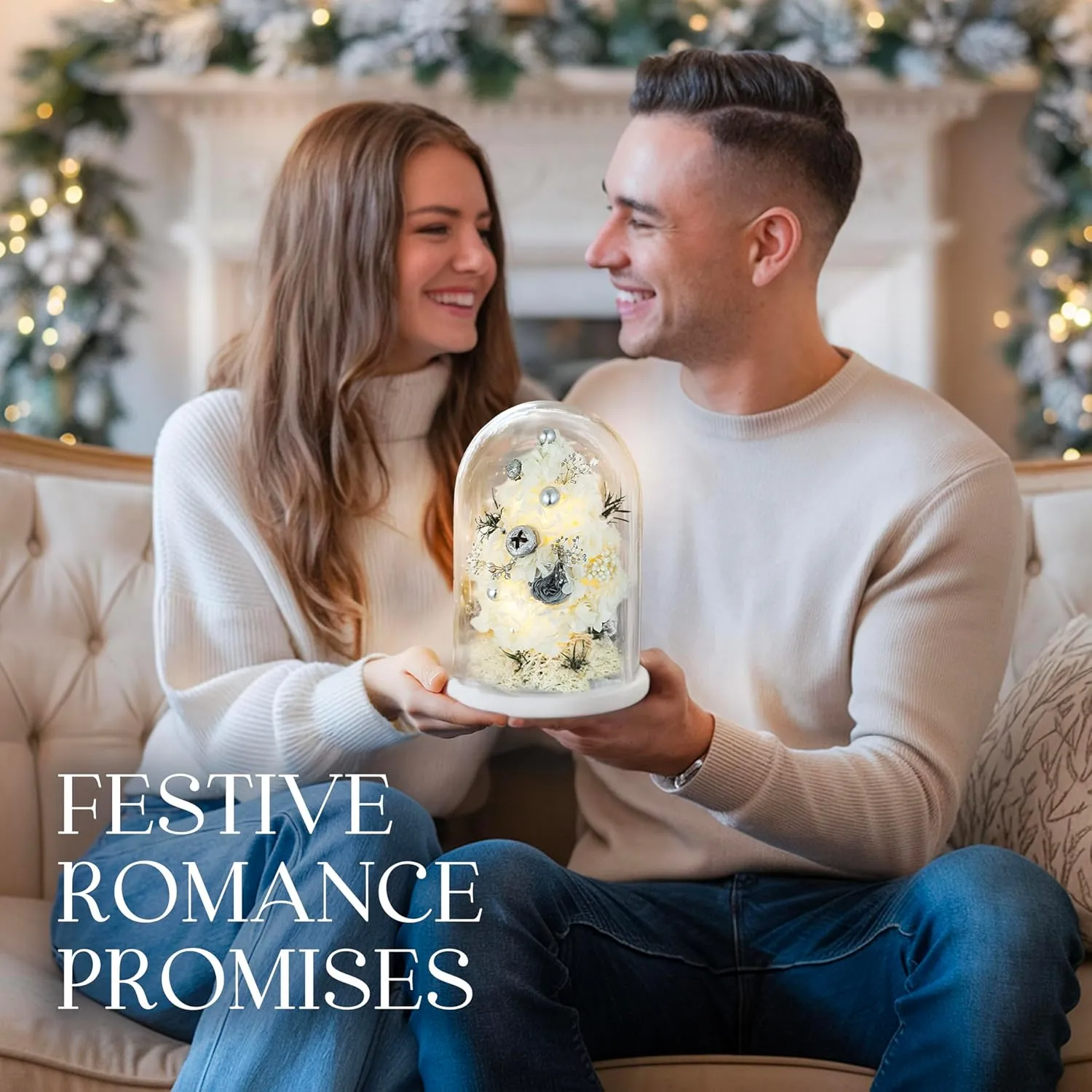 Mini Christmas Tree Preserved Flower in Glass Dome w/Light - Flowers Forever Christmas Table Decor, Long Lasting Eternal Flowers - Comes w/Thick Gift Box & Bow, Unique Gift - White
