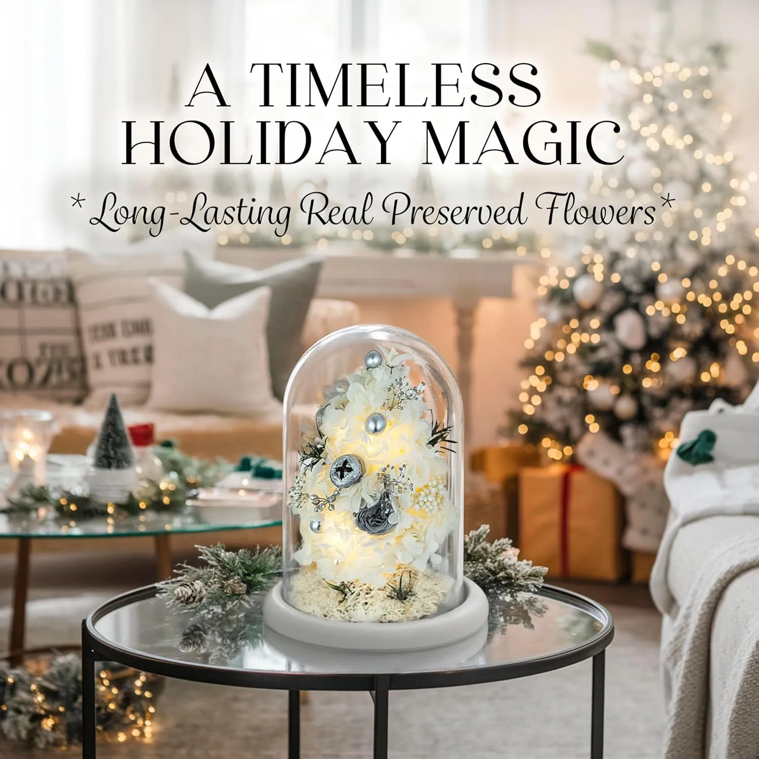Mini Christmas Tree Preserved Flower in Glass Dome w/Light - Flowers Forever Christmas Table Decor, Long Lasting Eternal Flowers - Comes w/Thick Gift Box & Bow, Unique Gift - White